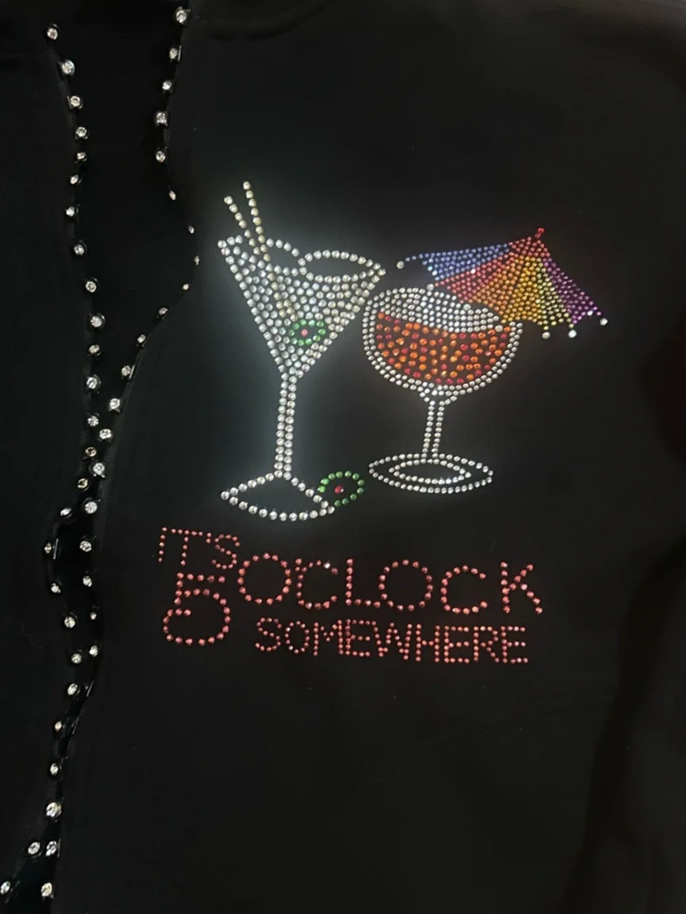 Rhinestone Martini Cocktail It's 5 O'Clock Somewhere Unique Black Sweater - Picture 2 of 7